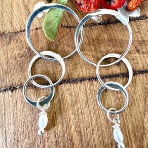 Silver Circles Modern Drop Pearl Earrings Minimalist Bridal